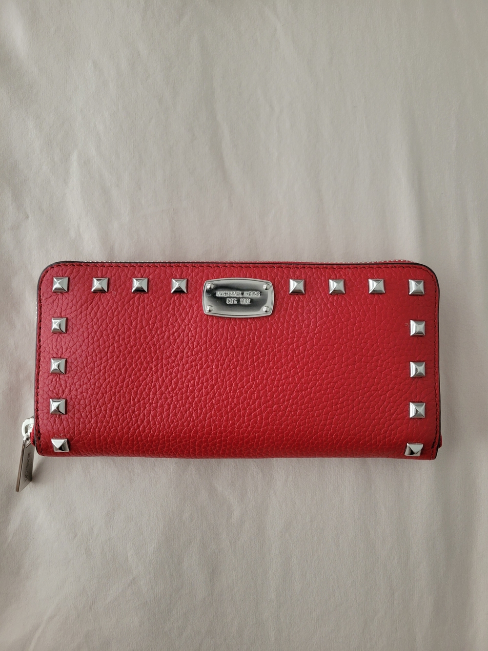 Michael Kors Red Leather Studded Zip-Around Wallet